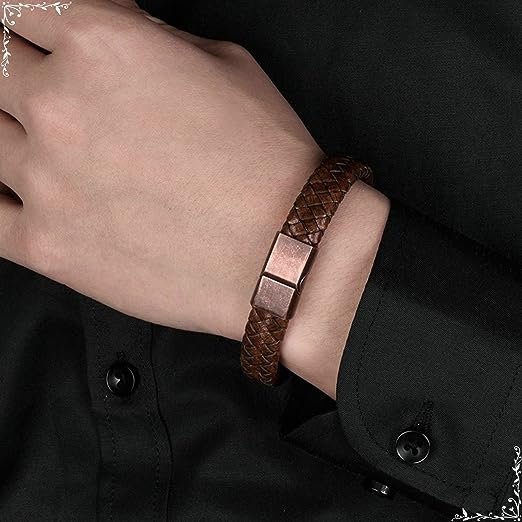 BRAZALETE DE CUERO TRENZADAS GOTICA MARRON CON CIERRE DE ACERO | BRA-33