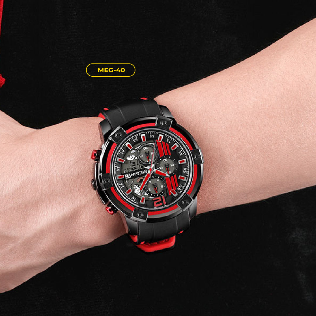 RELOJ MEGIR - BLACK AND TRIPLE RED | SKU: MEG-40