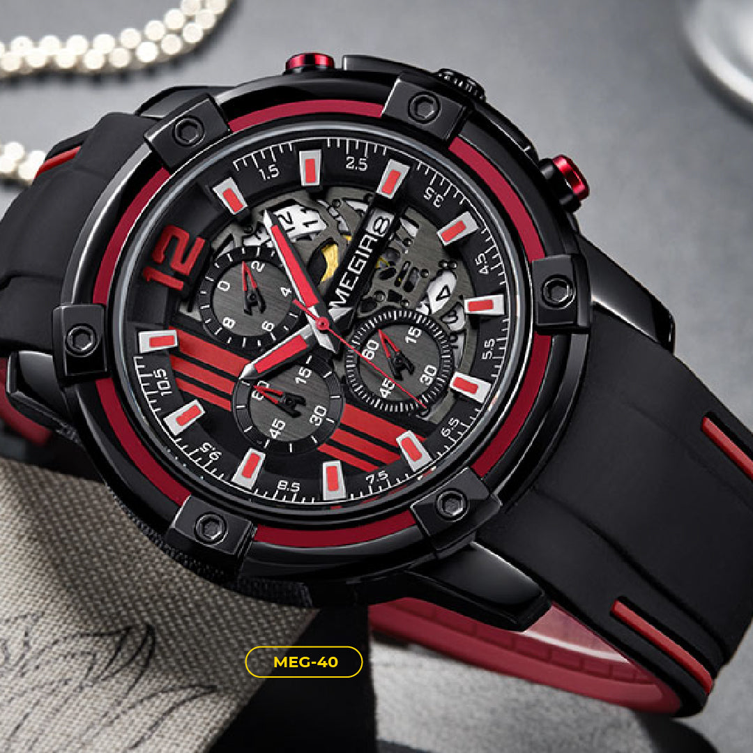 RELOJ MEGIR - BLACK AND TRIPLE RED | SKU: MEG-40