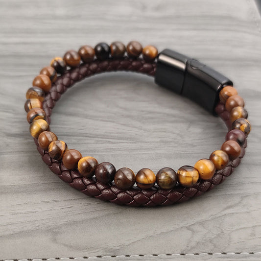 BRAZALETE OJO DE TIGRE DE CUERO MARRON| BRA-28