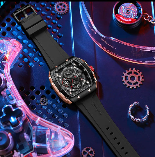 RELOJ ELEGANTE CURREN 8203 CORREA DE GOMA NEGRO CRONOGRAFOS I NUEVO MODELO 2024 |  SKU: CUR-125