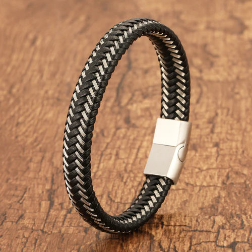 BRAZALETE DE CUERO GENUINO CON CIERRE NEGRO-ACERO  |  BRA-31