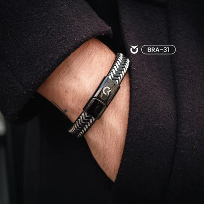 BRAZALETE DE CUERO GENUINO CON CIERRE NEGRO-ACERO  |  BRA-31