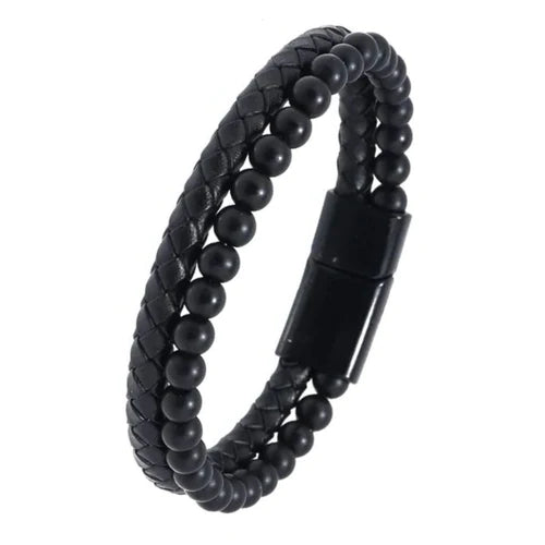 BRAZALETE  OJO DE TIGRE DE CUERO NEGRO|  BRA-26