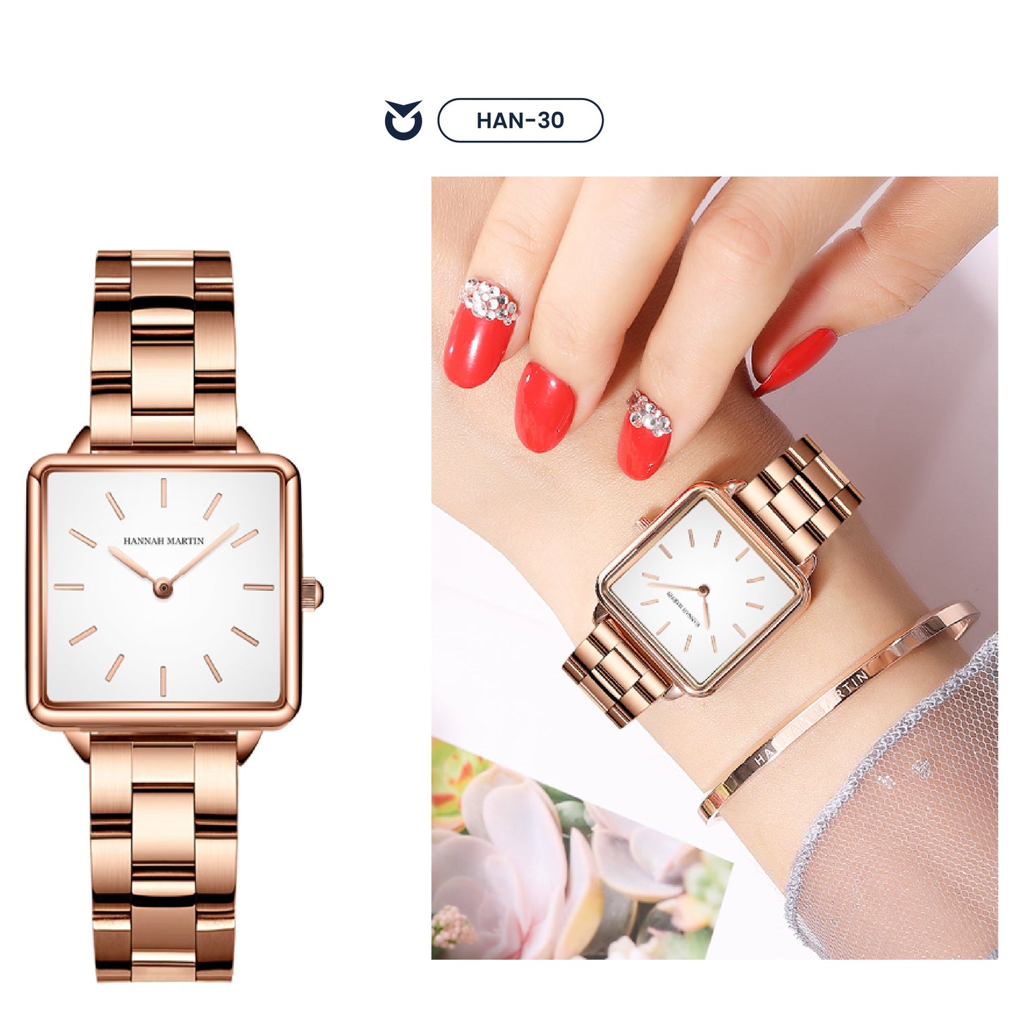 RELOJ HANNAH MARTIN CUADRADO ROSA CLASSY | SKU: HAN-30
