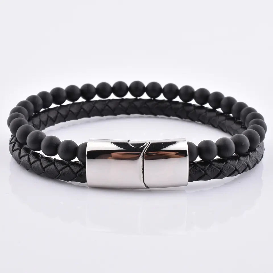 BRAZALETE  OJO DE TIGRE DE CUERO NEGRO|  BRA-26