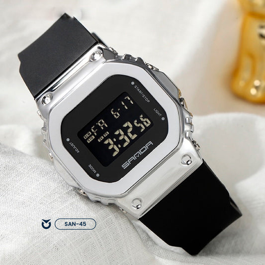 RELOJ SANDA DEPORTIVO  ORIGINAL NEGRO PLATEADO CASUAL | SAN-45