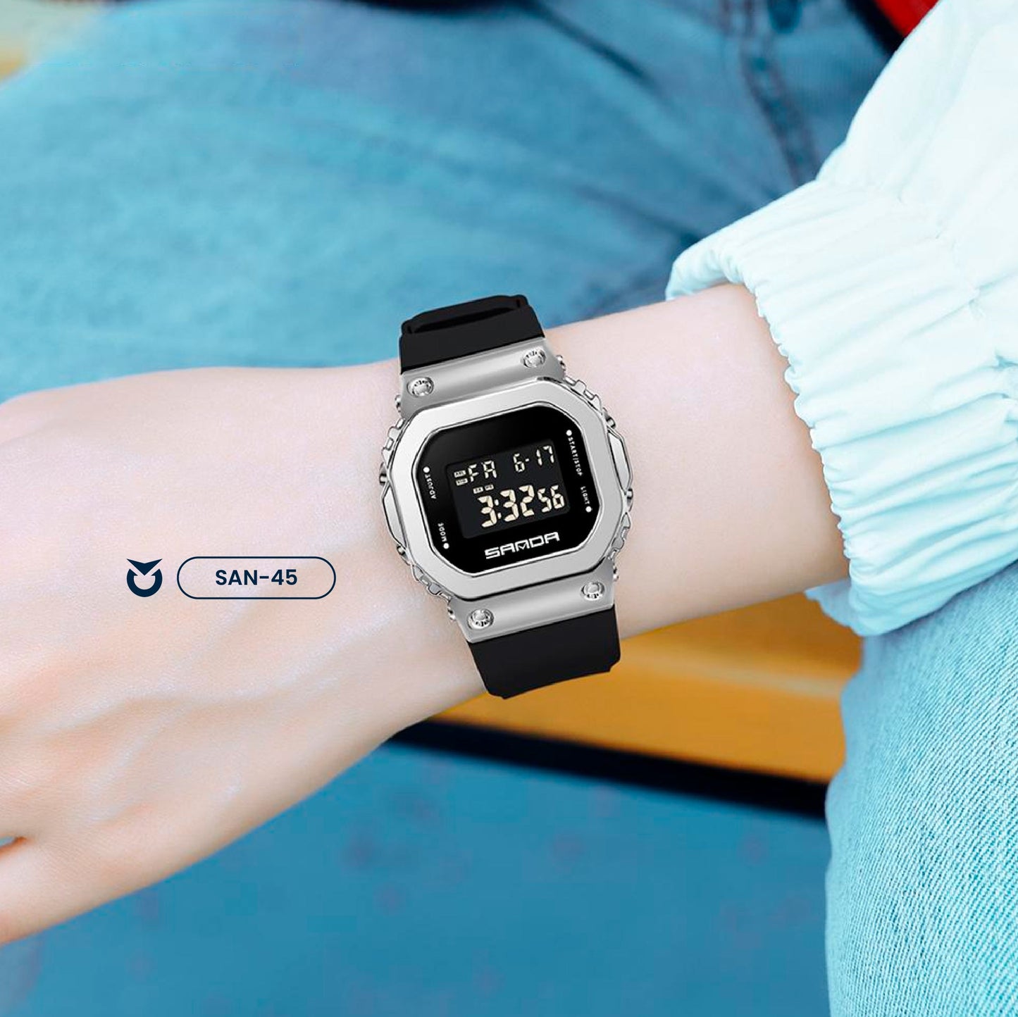 RELOJ SANDA DEPORTIVO  ORIGINAL NEGRO PLATEADO CASUAL | SAN-45