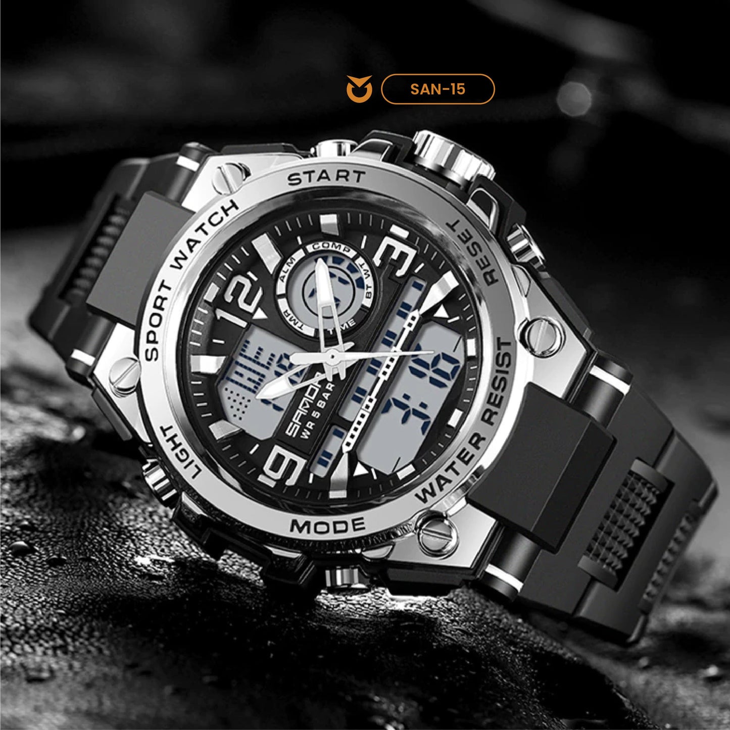 RELOJ SANDA MILITAR DEPORTIVO NEGRO Y SILVER | SAN-15